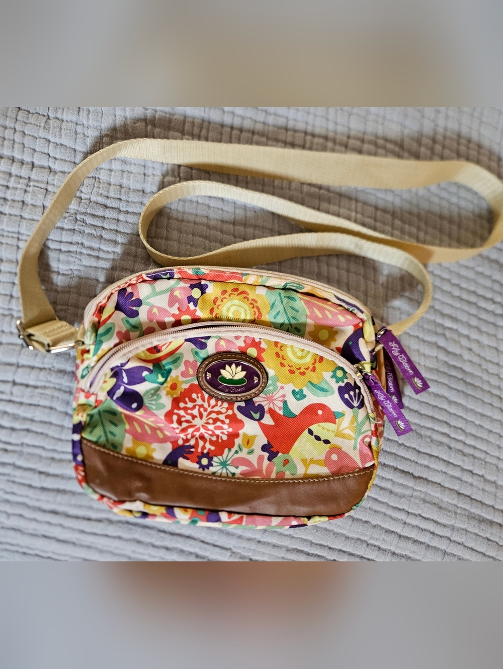 Lily Bloom  Crossbody Bag Colorful Floral Birds Recycled Eco- Friendly VEGAN EUC